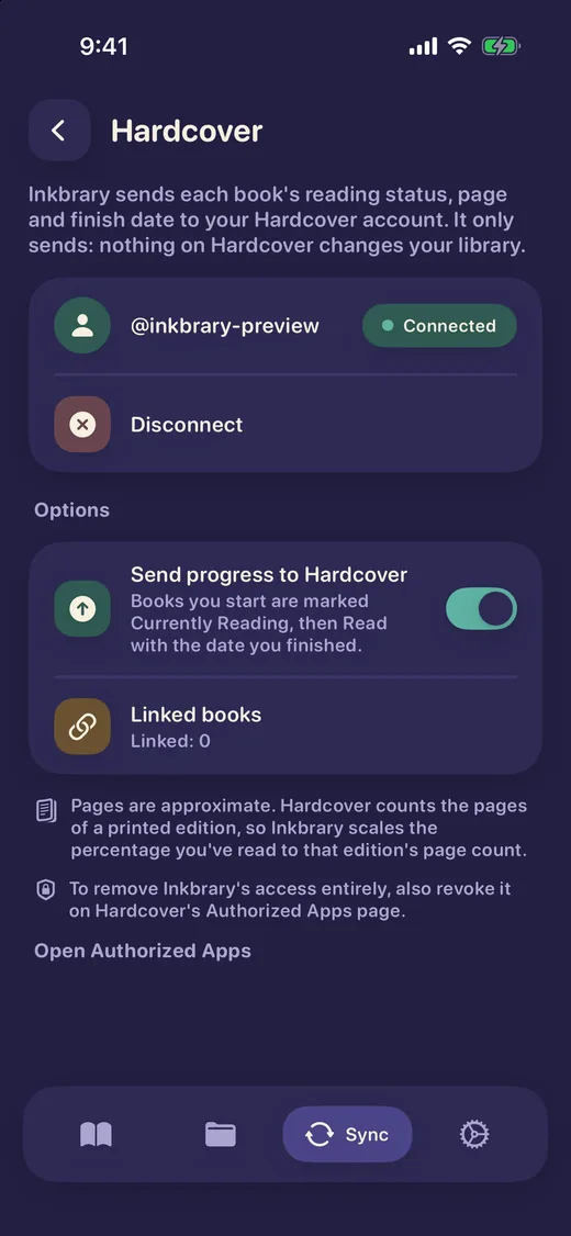 The Hardcover page in Inkbrary: a connected account, a Disconnect button, a Send progress to Hardcover switch turned on, and a Linked books row.