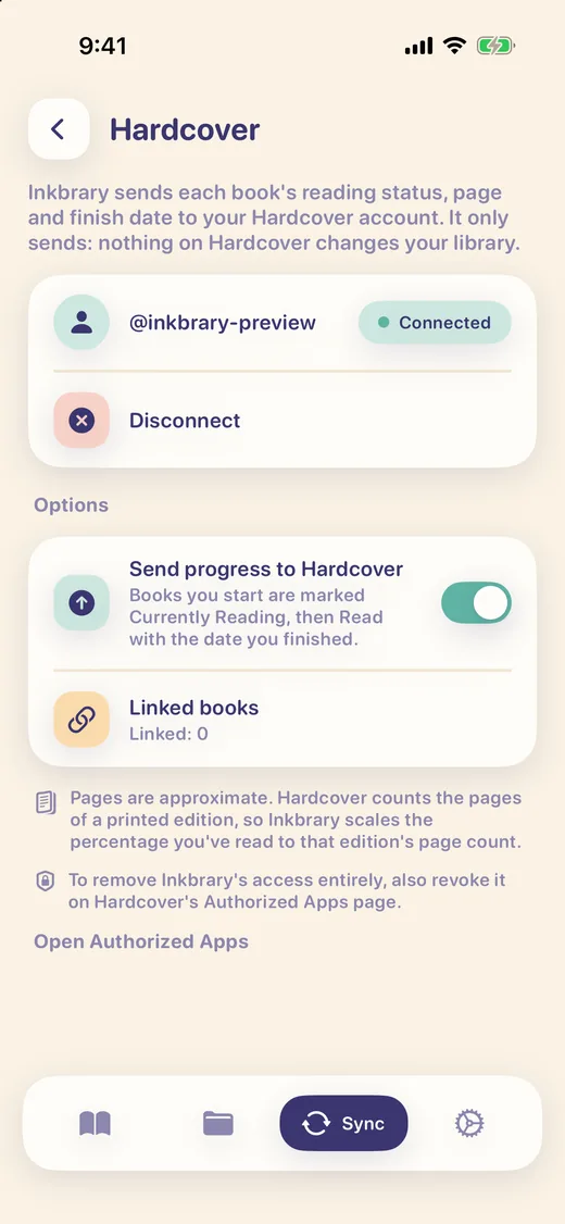 The Hardcover page in Inkbrary: a connected account, a Disconnect button, a Send progress to Hardcover switch turned on, and a Linked books row.