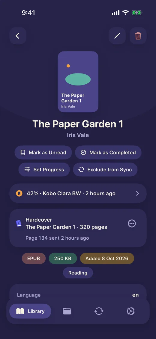 A book page showing 42% read, as sent by a Kobo reader two hours ago, a Hardcover card with the page sent, a Set Progress button and chips for format, size and Reading.