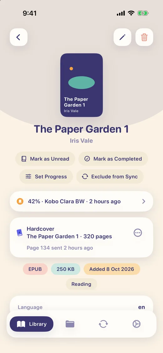 A book page showing 42% read, as sent by a Kobo reader two hours ago, a Hardcover card with the page sent, a Set Progress button and chips for format, size and Reading.